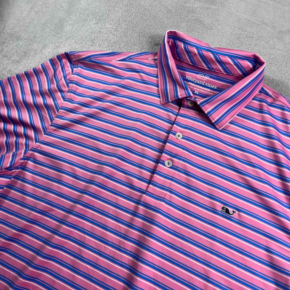 Vineyard Vines Mens XL Performance Polo Shirt Pink Blue Stripe Golf Short Sleeve